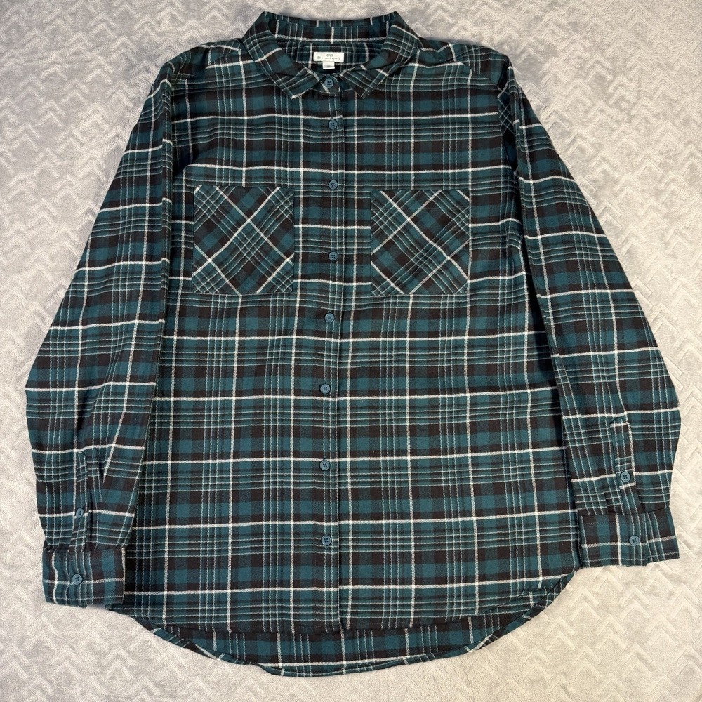 Dip Women's Green Plaid Flannel Button-Up Shirt Organic Cotton Size 2X NWT